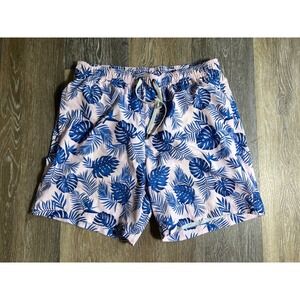 Swim Trunks Mens XL Pink Blue Tropical‎ Leaf Good Condition Drawstring